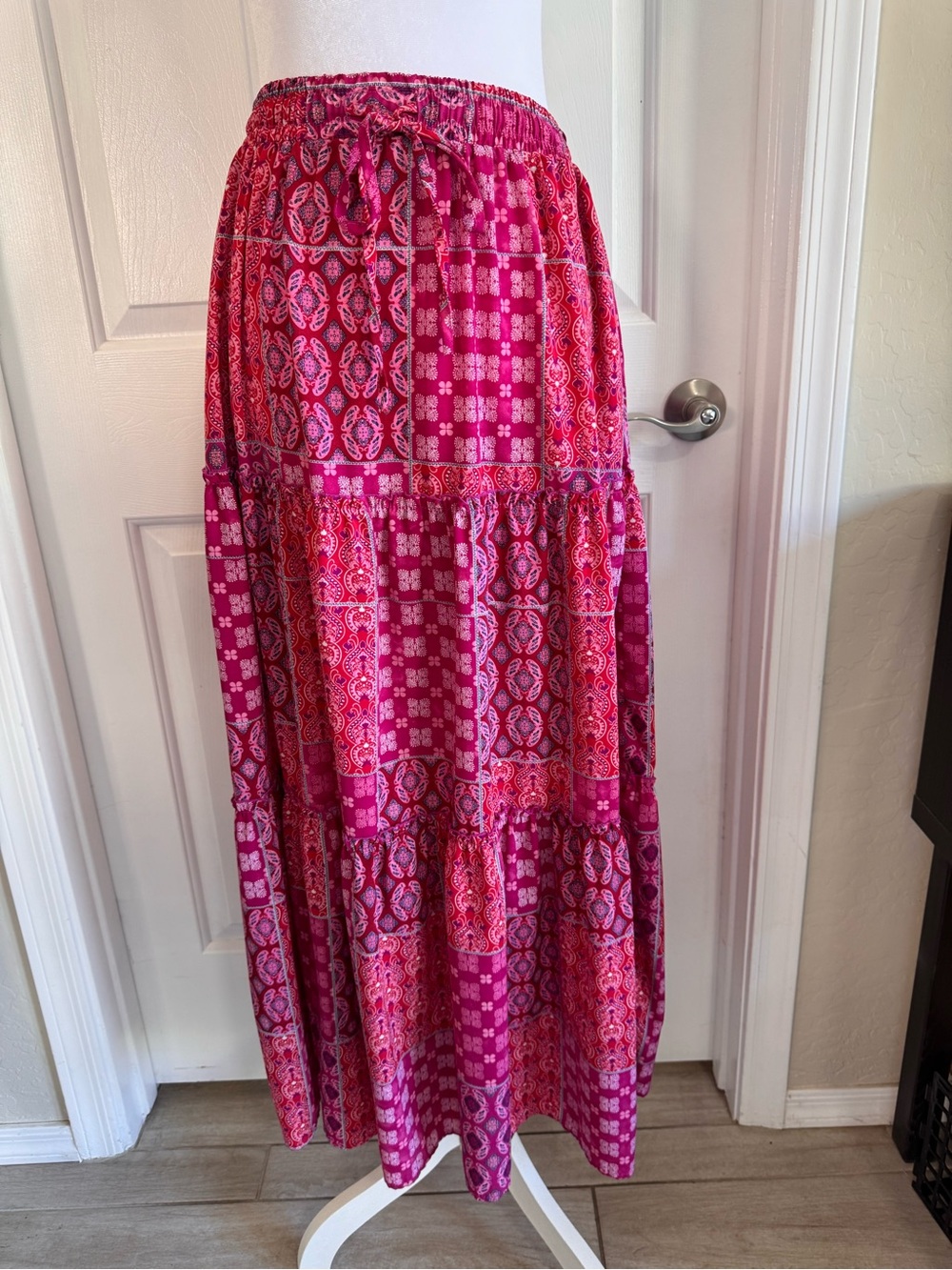 Boho Floral Patchwork Maxi Skirt with Pockets - Elastic High Waist - Size M